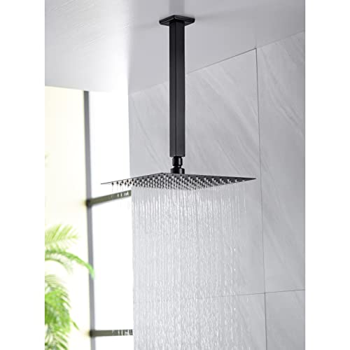 Anpean 12 Inch Square Ceiling Mounted Shower Arm and Flange for Rain Shower Head, Matte Black - Image 2