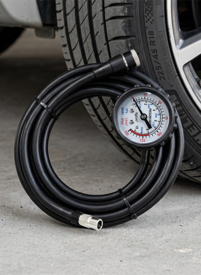 Professional Tyre Inflator with Pressure Gauge – Heavy Duty Air Compressor Accessory, Dual Scale Analog Display (PSI/BAR/kPa), Durable Steel Build, Reinforced Rubber Hose, Ball Style Chuck, Universal Fit for Cars, Trucks, Motorcycles & Bicycles - Image 1