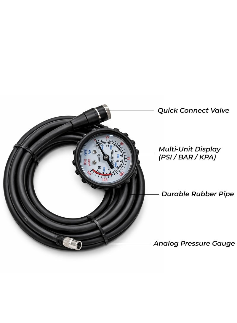 Professional Tyre Inflator with Pressure Gauge – Heavy Duty Air Compressor Accessory, Dual Scale Analog Display (PSI/BAR/kPa), Durable Steel Build, Reinforced Rubber Hose, Ball Style Chuck, Universal Fit for Cars, Trucks, Motorcycles & Bicycles - Image 4