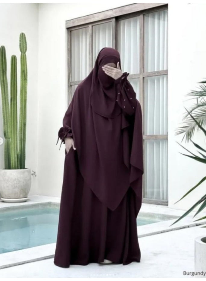 سلسلة اللؤلؤ: الشرق الأوسط اللون الصلب للنساء رداء اللؤلؤ الأكمام فستان Abaya قطعتين مجموعة الحجاب الطويل مناسبة جدا للنساء يوميا ارتداء الصيام شهر الصلاة - Image 3