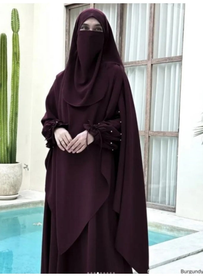 سلسلة اللؤلؤ: الشرق الأوسط اللون الصلب للنساء رداء اللؤلؤ الأكمام فستان Abaya قطعتين مجموعة الحجاب الطويل مناسبة جدا للنساء يوميا ارتداء الصيام شهر الصلاة - Image 4