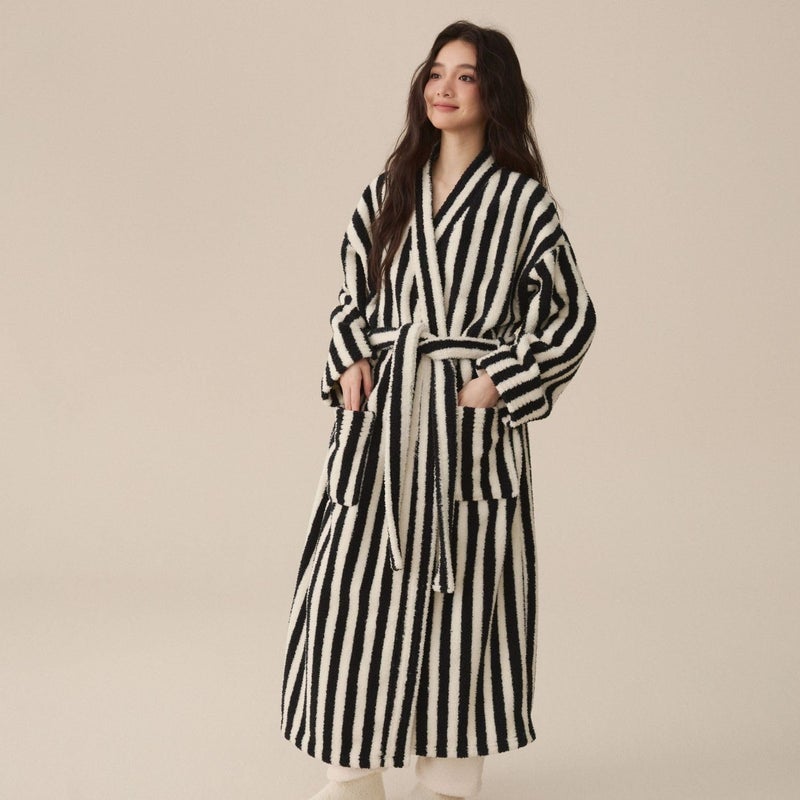 Homgro Women's Fuzzy Fleece Long Robe Striped Long Sleeve Plush Kimono Warm Winter Thick Fluffy Oversized Cozy Pockets Belted Hot Tub Bath SPA V Neck Loungewear Maxi Bathrobe Black Medium - Image 4