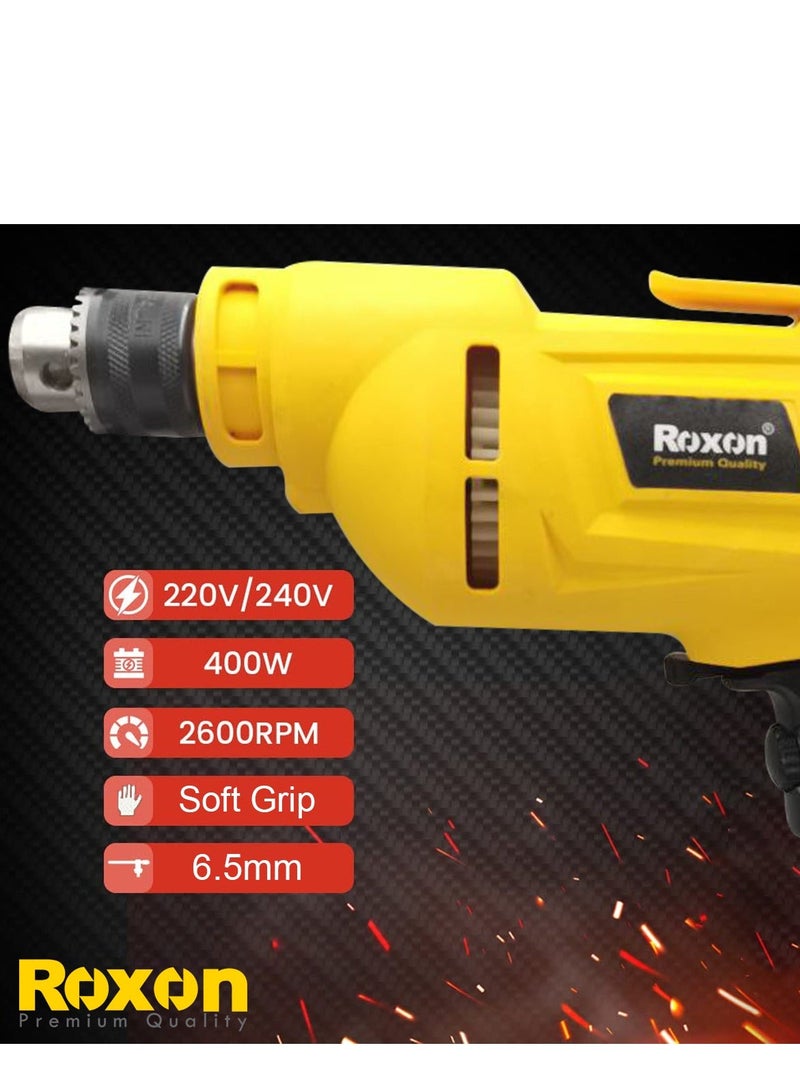 روكسون مثقاب كهربائي Roxon بقوة 400 واط – مثقاب سلكي عالي السرعة مزود بظرف 6.5 مم، ووظيفة الدوران العكسي، ومقبض مريح، وخاصية التحكم في السرعة المتغيرة؛ يعمل بجهد 220/240 فولت، ويُعد خياراً مثالياً لمشاريع الأعمال اليدوية، وأعمال النجارة، وإصلاحات المنزل. - Image 5