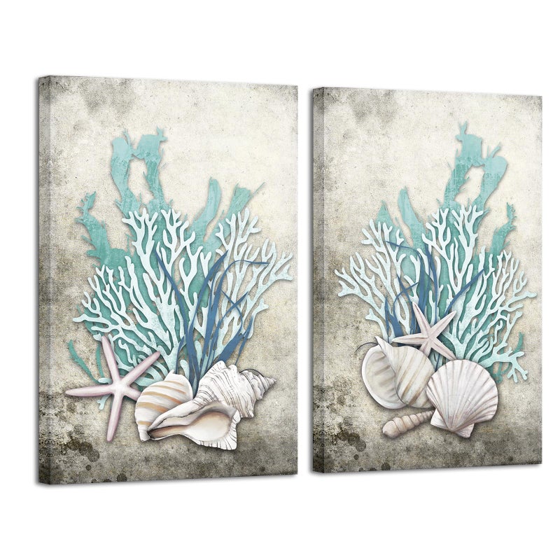 iHAPPYWALL 2 Pieces Set Ocean Theme Canvas Wall Art Coastal Shell Starfish Coral Conch Picture for Bathroom Kitchen Office Living Room Decor Ready to Hang 16x24inchx2pcs - Image 1