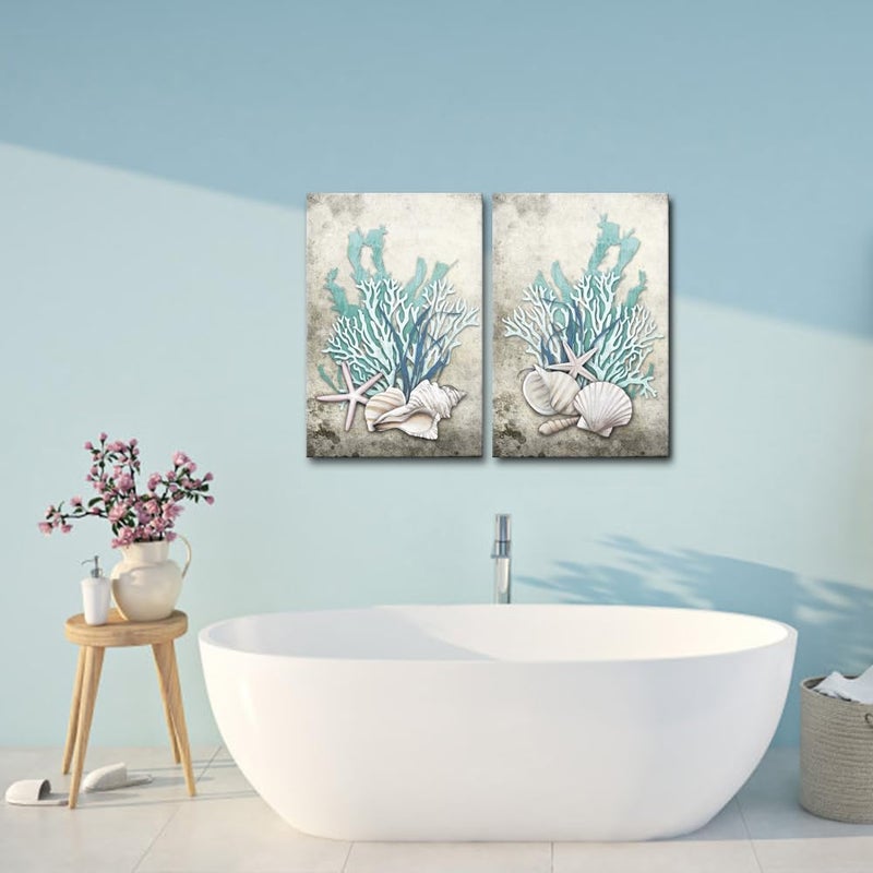 iHAPPYWALL 2 Pieces Set Ocean Theme Canvas Wall Art Coastal Shell Starfish Coral Conch Picture for Bathroom Kitchen Office Living Room Decor Ready to Hang 16x24inchx2pcs - Image 2