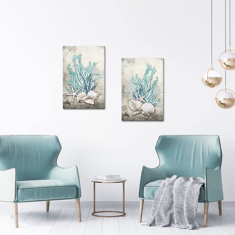 iHAPPYWALL 2 Pieces Set Ocean Theme Canvas Wall Art Coastal Shell Starfish Coral Conch Picture for Bathroom Kitchen Office Living Room Decor Ready to Hang 16x24inchx2pcs - Image 3