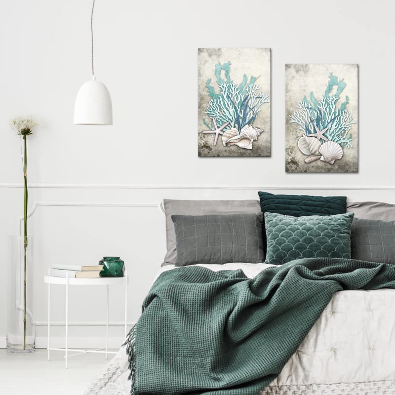 iHAPPYWALL 2 Pieces Set Ocean Theme Canvas Wall Art Coastal Shell Starfish Coral Conch Picture for Bathroom Kitchen Office Living Room Decor Ready to Hang 16x24inchx2pcs - Image 5