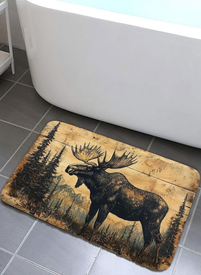 Wathon Wood Plank Style Moose in Pine Forest Bath Mat Rustic Woodcut Aesthetic Bath Rug Cabin Lodge Nature Lovers Bathroom Accessories Soft Non Slip Rug for Bathroom Bedroom Kitchen Outdoor Indoor 17X29IN - Image 1