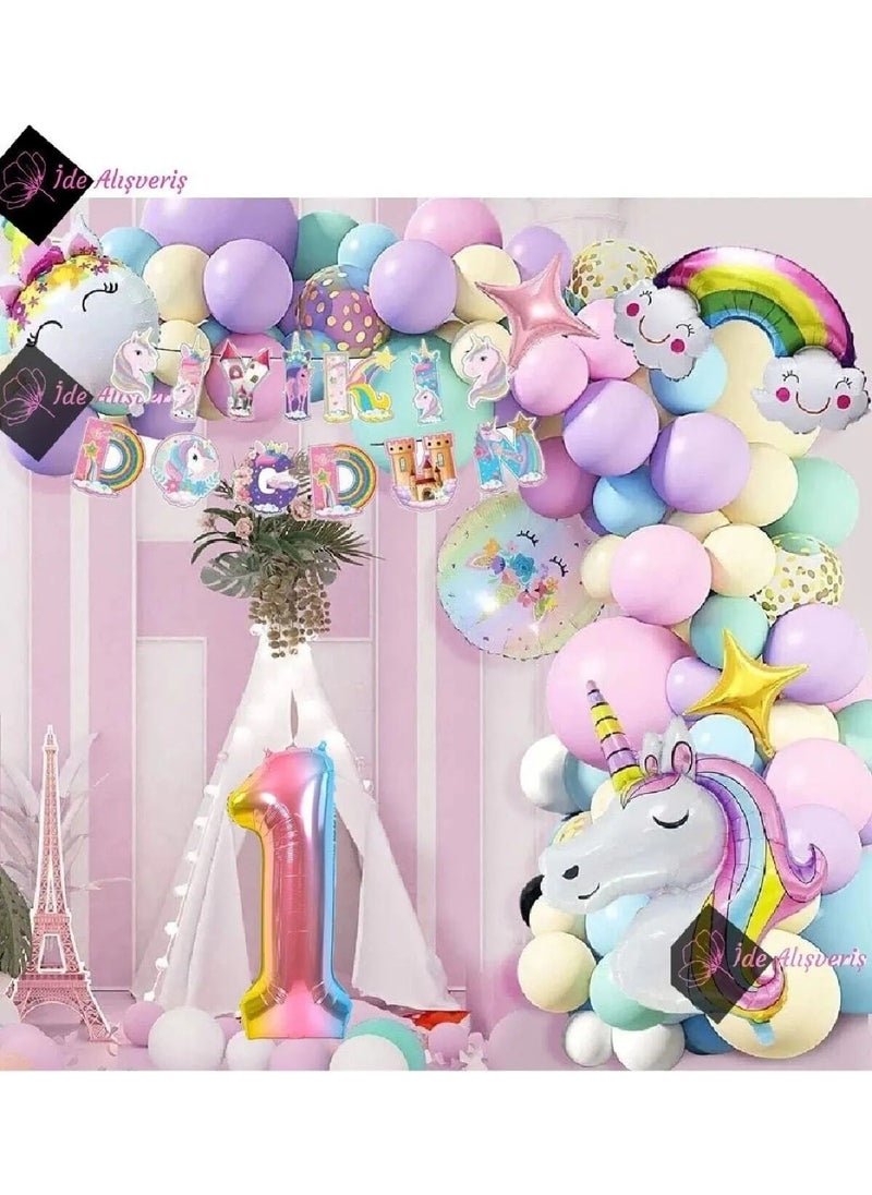 Bkmc Party - Age Foil Character Unicorn Themed Happy Birthday Macaron Balloon Birthday Party Celebration Set - Image 1