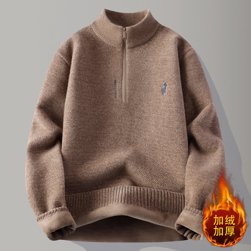 Cardigan Coffee Color Half-zip Sweater for Men's Integrated Fleece Winter Trendy Warm Knitwear Youth Thickened Fleece-lined Clothing