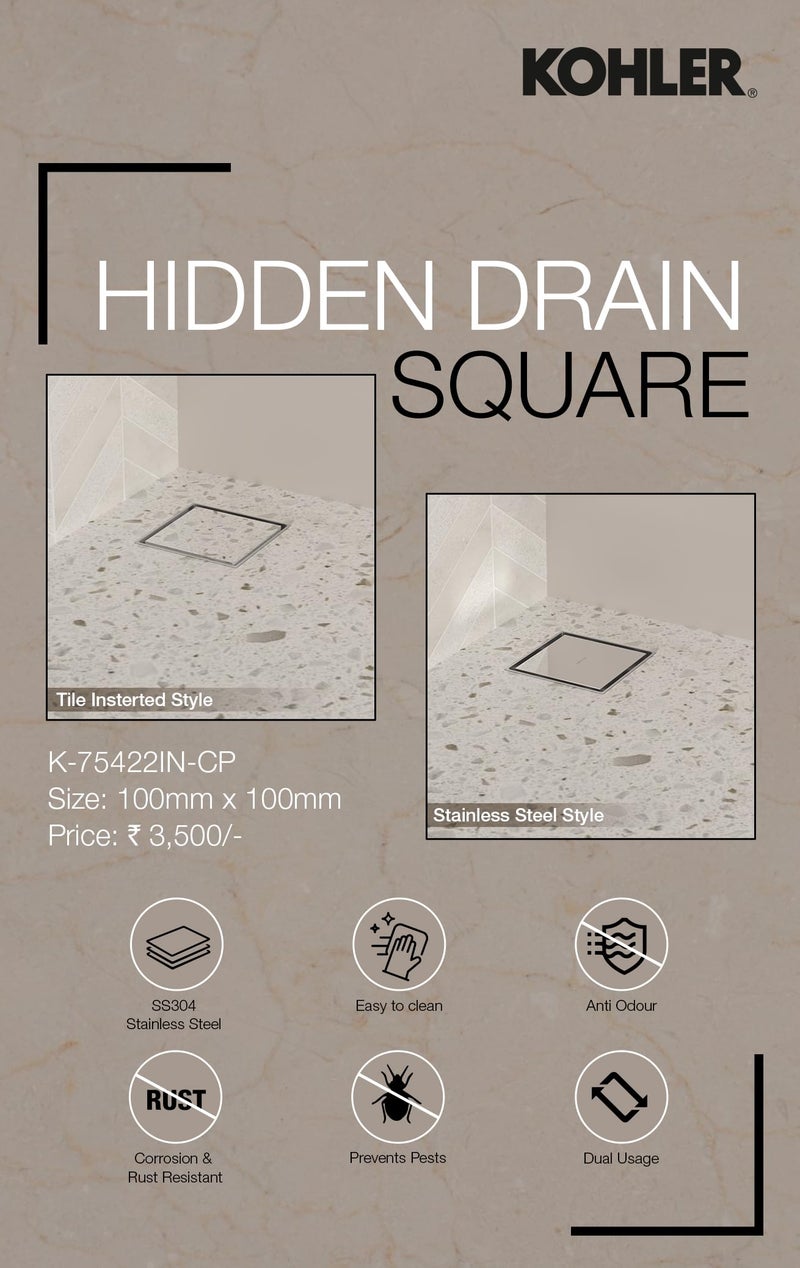 Kohler Hidden Floor Drain Square, SS304 Stainless Steel, Dual Usage (Tile Insert) 10W x 8.2H Centimeters - Image 2