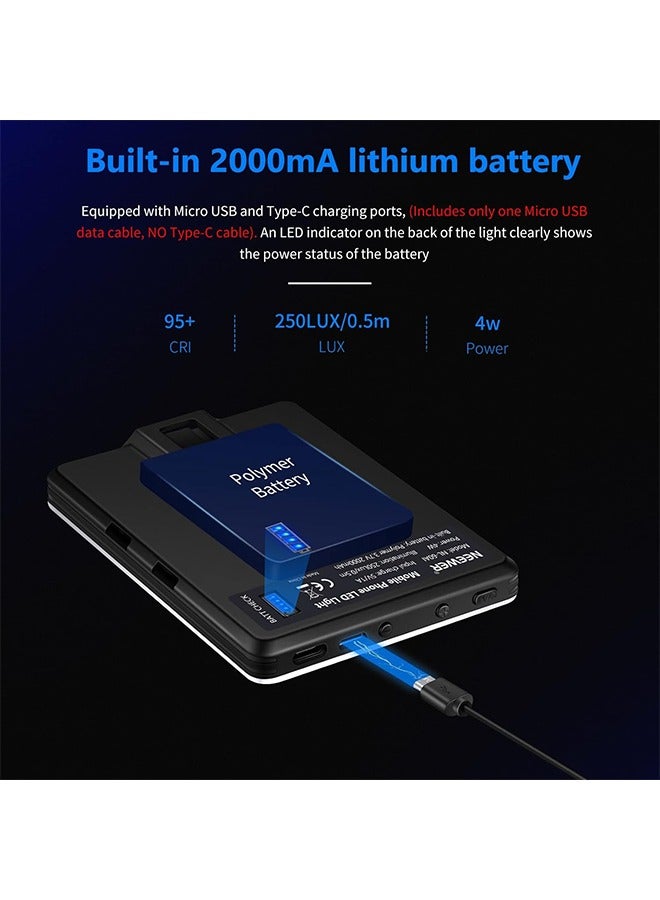 مصباح NEEWER الأساسي لصور السيلفي مع مشبك أمامي وخلفي للهاتف، 60 مصباح LED 2000 مللي أمبير قابل لإعادة الشحن، CRI 95+، 3 أوضاع إضاءة، مصباح محمول بمشبك للهاتف/الكمبيوتر اللوحي/الكمبيوتر المحمول، مكا - Image 2