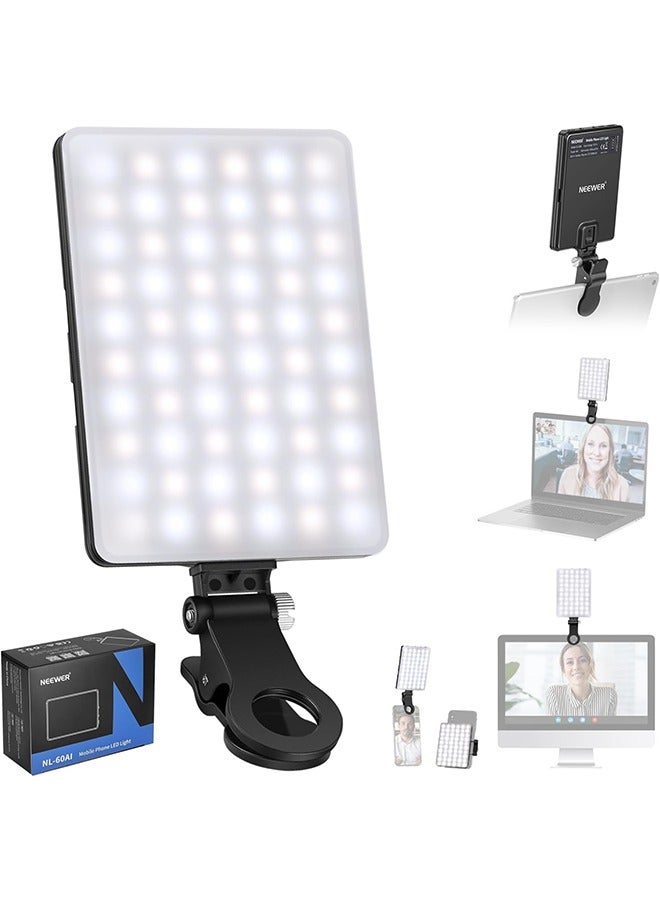 مصباح NEEWER الأساسي لصور السيلفي مع مشبك أمامي وخلفي للهاتف، 60 مصباح LED 2000 مللي أمبير قابل لإعادة الشحن، CRI 95+، 3 أوضاع إضاءة، مصباح محمول بمشبك للهاتف/الكمبيوتر اللوحي/الكمبيوتر المحمول، مكا - Image 1