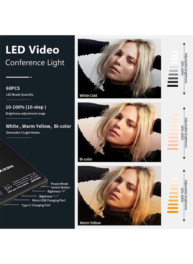 مصباح NEEWER الأساسي لصور السيلفي مع مشبك أمامي وخلفي للهاتف، 60 مصباح LED 2000 مللي أمبير قابل لإعادة الشحن، CRI 95+، 3 أوضاع إضاءة، مصباح محمول بمشبك للهاتف/الكمبيوتر اللوحي/الكمبيوتر المحمول، مكا - Image 3