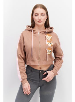 Women Emoji Print Long Sleeve Hoodies, Brown/Pink