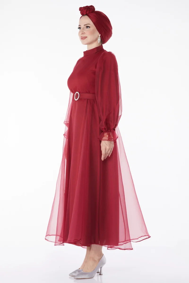 Tofisa Plain Judge Collar Women's Burgundy Belted Evening Dress - 25130