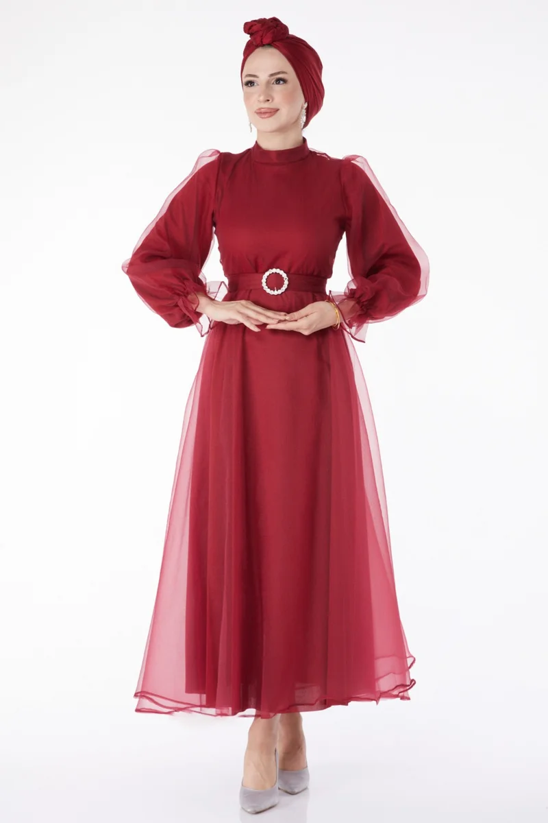 Tofisa Plain Judge Collar Women's Burgundy Belted Evening Dress - 25130