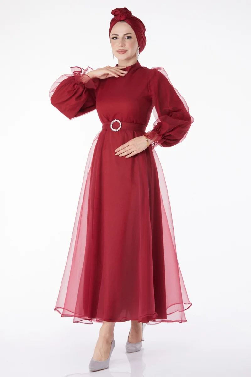 Tofisa Plain Judge Collar Women's Burgundy Belted Evening Dress - 25130
