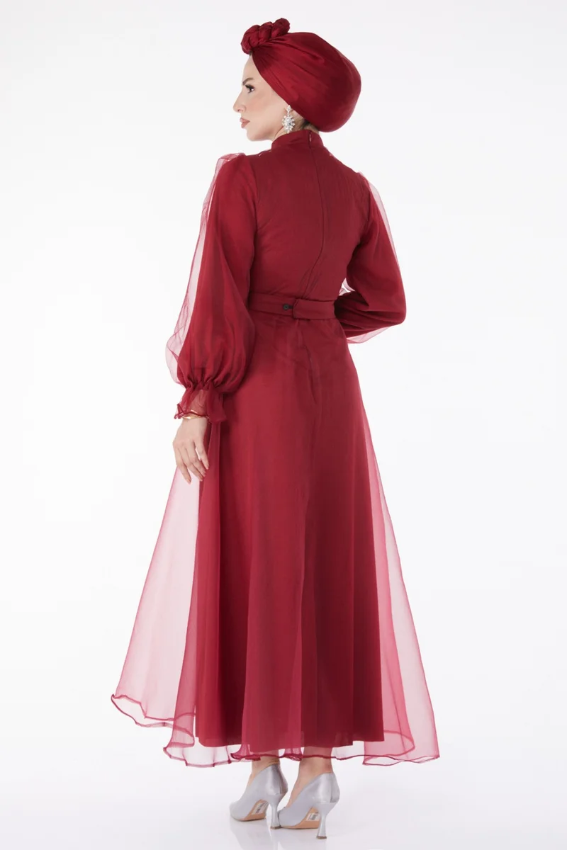 Tofisa Plain Judge Collar Women's Burgundy Belted Evening Dress - 25130