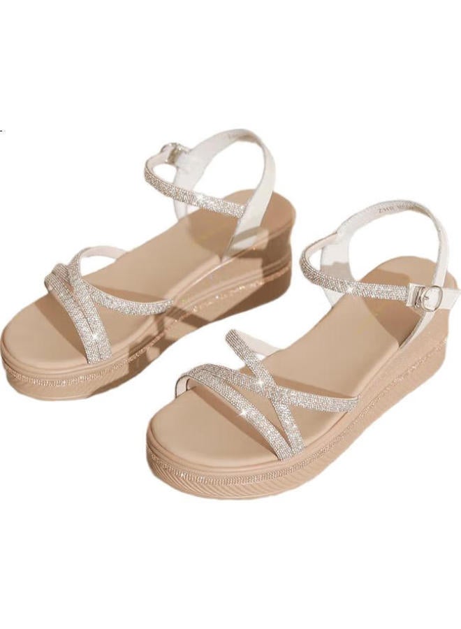 ZHR Women'S Shoes Slope Heel Versatile Sandals Women'S Water Drill One-Word Thick Bottom Comfortable Slimming Sandals Female M587 Beige 36 - Image 1