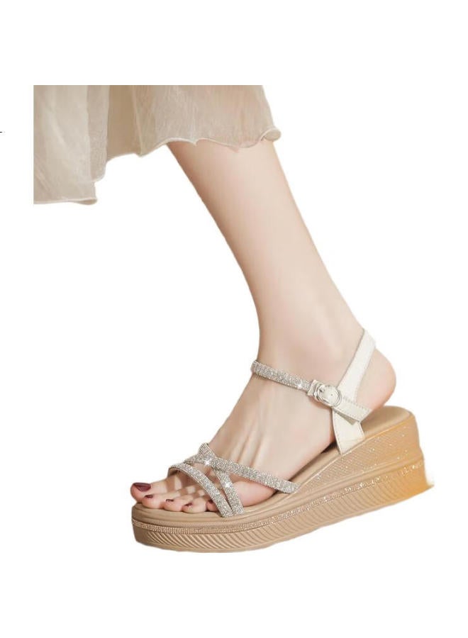 ZHR Women'S Shoes Slope Heel Versatile Sandals Women'S Water Drill One-Word Thick Bottom Comfortable Slimming Sandals Female M587 Beige 36 - Image 2