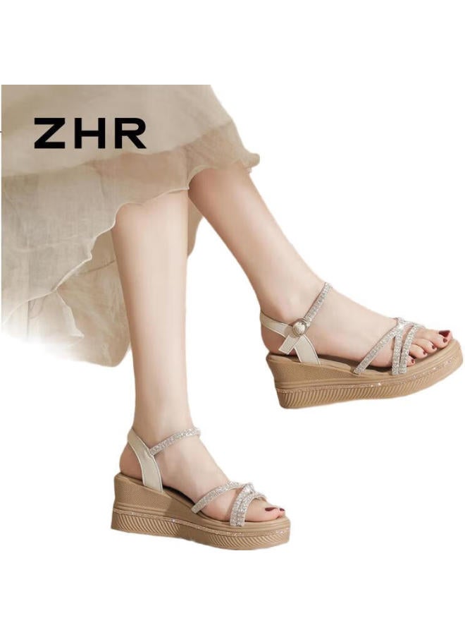 ZHR Women'S Shoes Slope Heel Versatile Sandals Women'S Water Drill One-Word Thick Bottom Comfortable Slimming Sandals Female M587 Beige 36 - Image 3