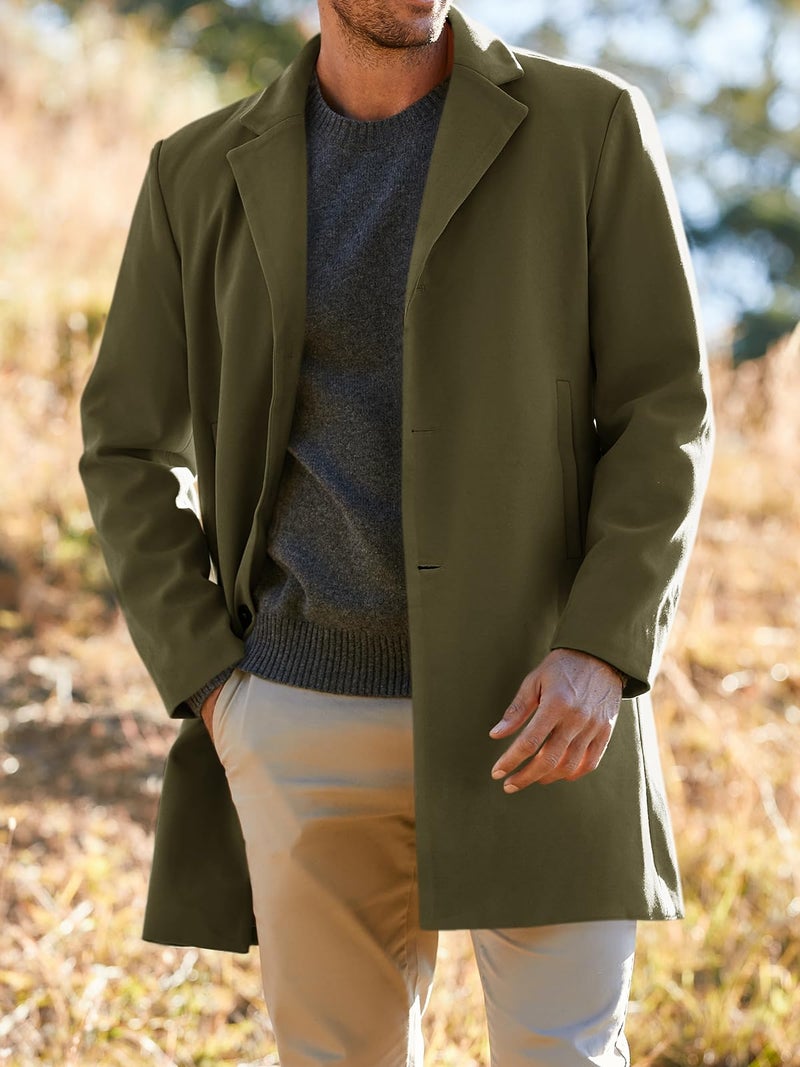 PASLTER Mens Trench Coat Slim Fit Notched Collar Fall Winter Single Breasted Pea Coat Warm Soft Overcoat - Image 2