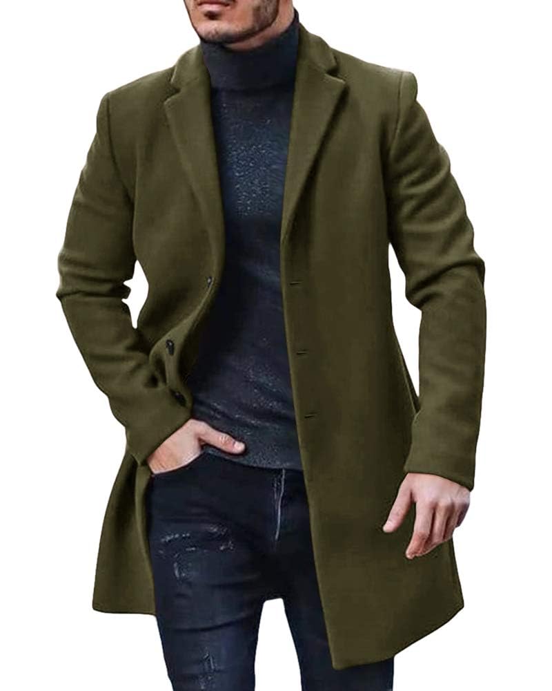 PASLTER Mens Trench Coat Slim Fit Notched Collar Fall Winter Single Breasted Pea Coat Warm Soft Overcoat - Image 1