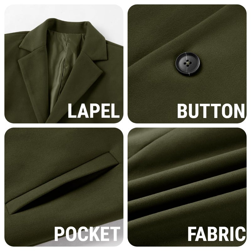 PASLTER Mens Trench Coat Slim Fit Notched Collar Fall Winter Single Breasted Pea Coat Warm Soft Overcoat - Image 5
