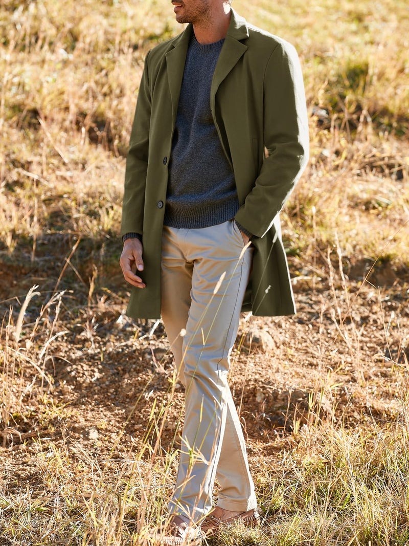 PASLTER Mens Trench Coat Slim Fit Notched Collar Fall Winter Single Breasted Pea Coat Warm Soft Overcoat - Image 4