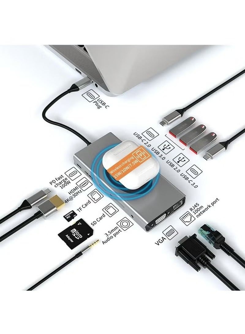 Docking Station 13 in 1 Hub Adapter TYPE C to USB3.0*2+USB2.0+PD+RJ45+HD MI+Audio+VGA+TF+SD Slot+UCB-C DATA*2+Wireless Charger