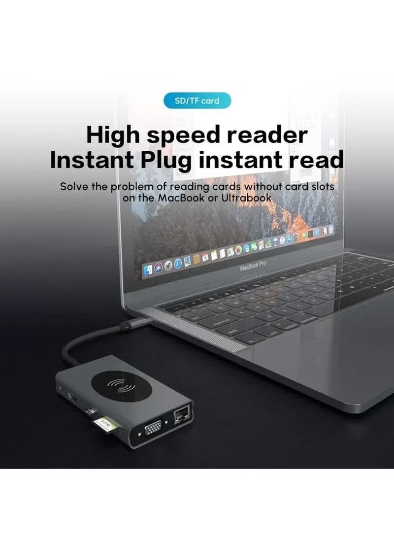 X-level Docking Station 13 in 1 Hub Adapter TYPE C to USB3.0*2+USB2.0+PD+RJ45+HD MI+Audio+VGA+TF+SD Slot+UCB-C DATA*2+Wireless Charger  - Image 2
