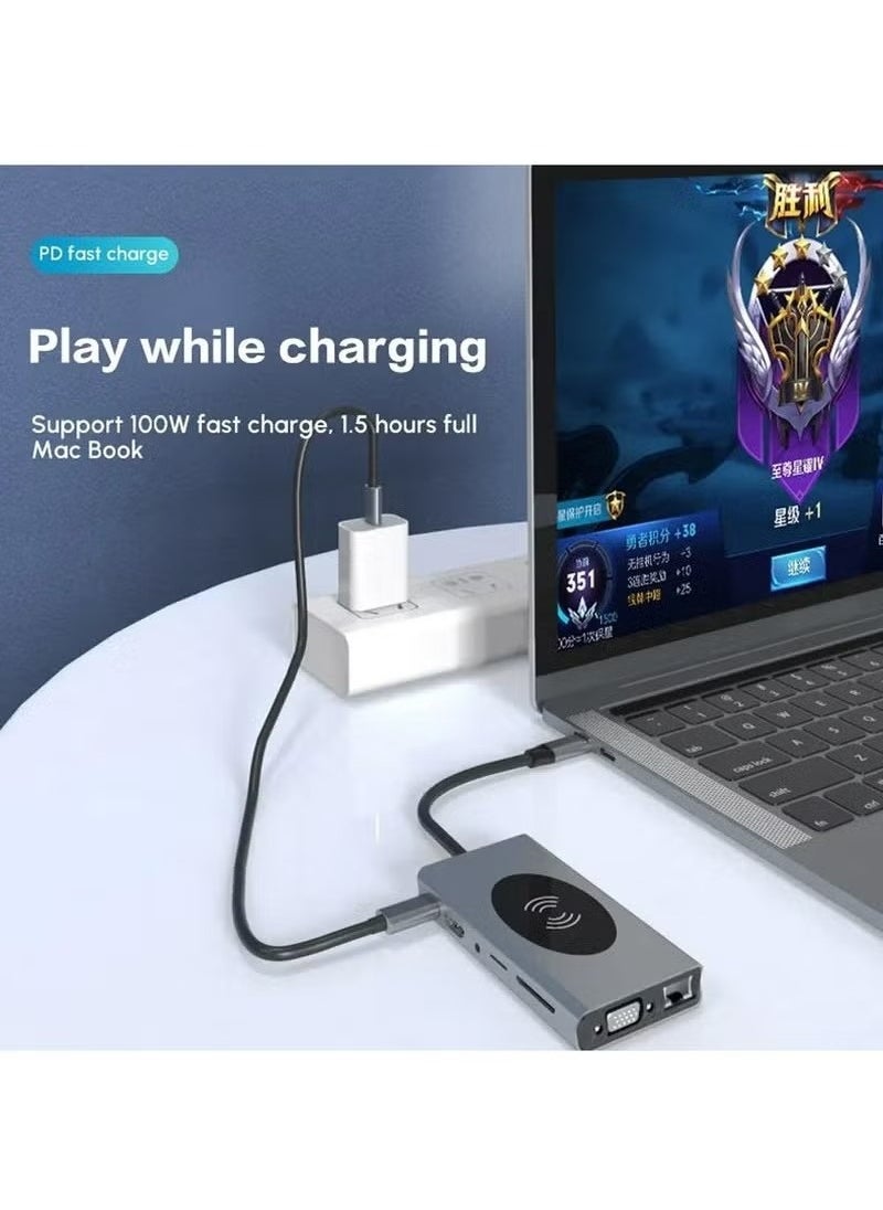 X-level Docking Station 13 in 1 Hub Adapter TYPE C to USB3.0*2+USB2.0+PD+RJ45+HD MI+Audio+VGA+TF+SD Slot+UCB-C DATA*2+Wireless Charger  - Image 4