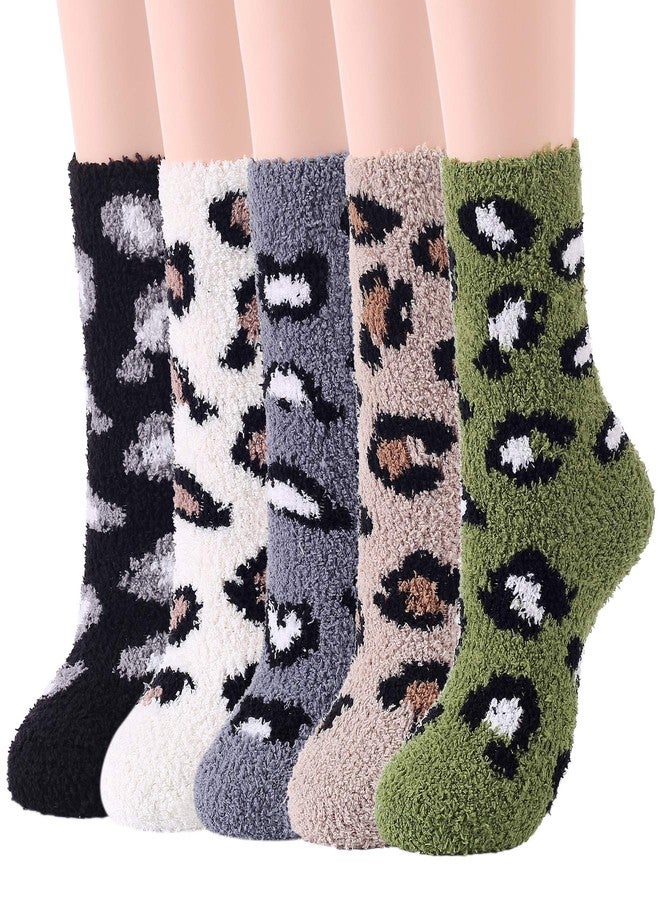 Zando Leopard Print Socks Cheetah Print Fuzzy Socks for Women Fluffy,Super Soft&Warm Gifts,Cozy Sock Cloud Comfy -for Home,Sleeping,Halloween,Yoga K 5 Pairs Print Leopard - Image 1