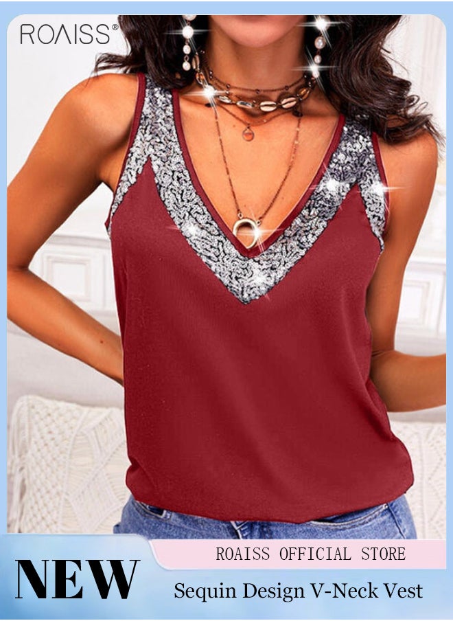 roaiss - Women's V Neck Tank Tops Sparkling And Eye-Catching Embellishments With Sequins At The Neckline Stylish Loose Sleeveless Top With Classic Versatility - Image 1