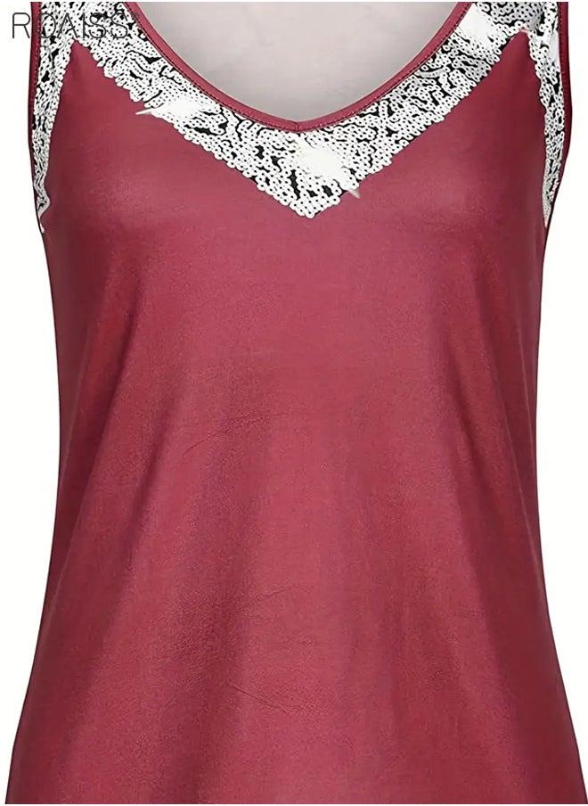 roaiss - Women's V Neck Tank Tops Sparkling And Eye-Catching Embellishments With Sequins At The Neckline Stylish Loose Sleeveless Top With Classic Versatility - Image 1