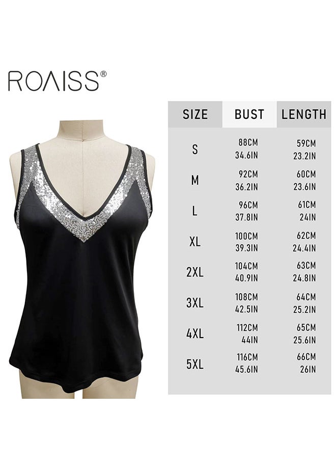 roaiss - Women's V Neck Tank Tops Sparkling And Eye-Catching Embellishments With Sequins At The Neckline Stylish Loose Sleeveless Top With Classic Versatility - Image 1