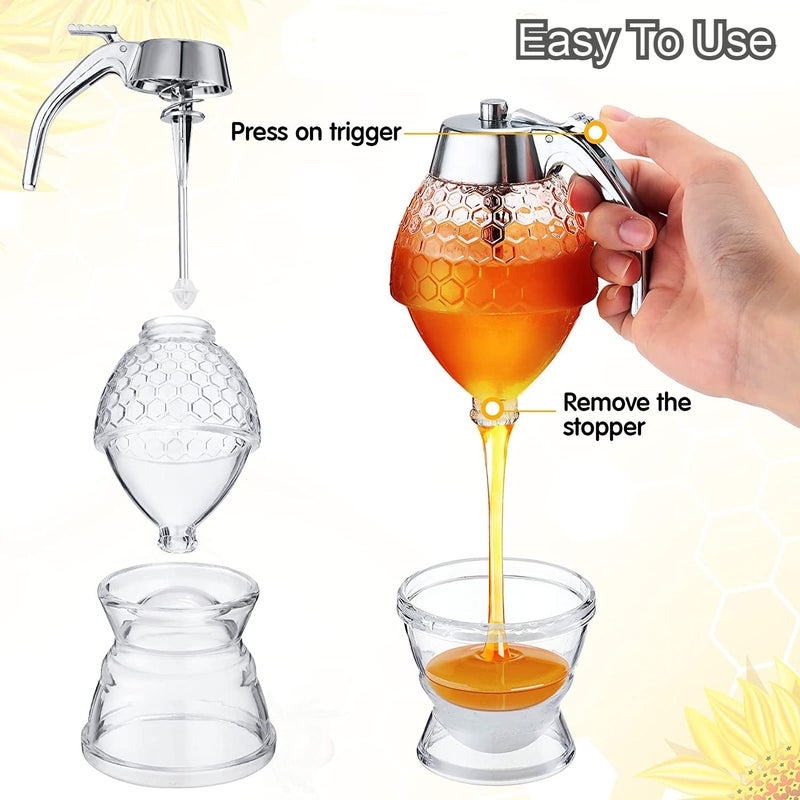 Orrda Honey Dispenser Jar Acrylic Honey Pot No Drip Honey Pourer Dispenser with Stand Honey Storage Glass Container for Pancakes Syrup Sauces Sugar 200ml_Clear - Image 4