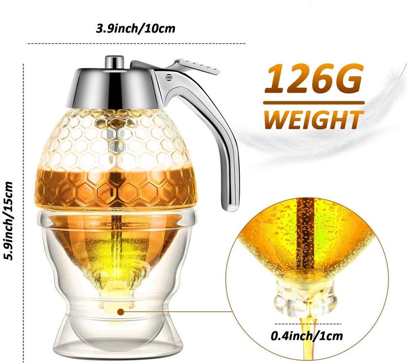Orrda Honey Dispenser Jar Acrylic Honey Pot No Drip Honey Pourer Dispenser with Stand Honey Storage Glass Container for Pancakes Syrup Sauces Sugar 200ml_Clear - Image 2