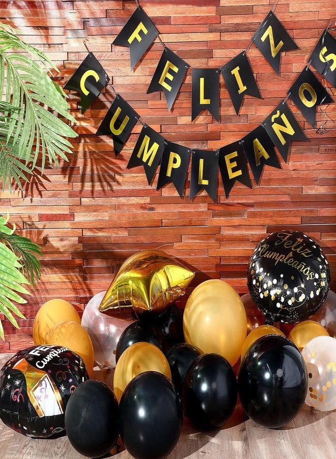 Lunmon 98 Pcs Feliz Cumpleaños Decorations for Men Women Spanish Birthday Decoration Black and Gold Party Decorations Kit Feliz Cumpleaños Banner Black and Gold Balloons for Birthday Party Supplies - Image 2
