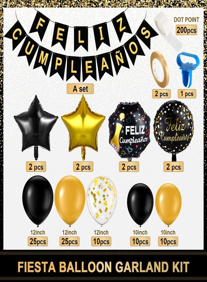 Lunmon 98 Pcs Feliz Cumpleaños Decorations for Men Women Spanish Birthday Decoration Black and Gold Party Decorations Kit Feliz Cumpleaños Banner Black and Gold Balloons for Birthday Party Supplies - Image 3