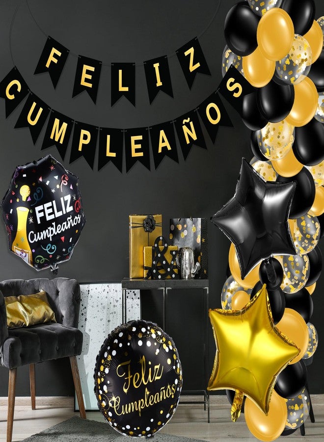 Lunmon 98 Pcs Feliz Cumpleaños Decorations for Men Women Spanish Birthday Decoration Black and Gold Party Decorations Kit Feliz Cumpleaños Banner Black and Gold Balloons for Birthday Party Supplies - Image 5