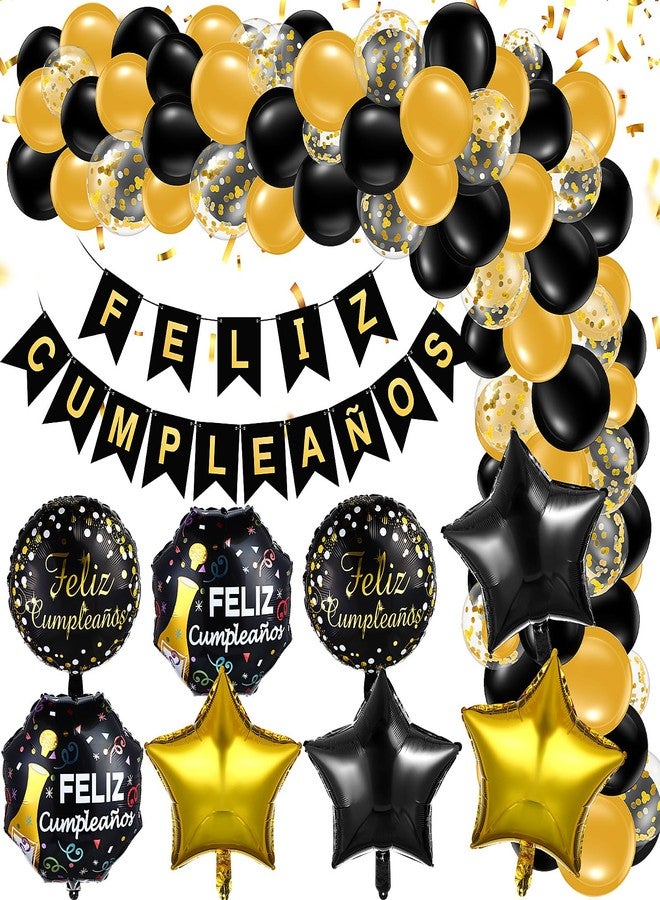 Lunmon 98 Pcs Feliz Cumpleaños Decorations for Men Women Spanish Birthday Decoration Black and Gold Party Decorations Kit Feliz Cumpleaños Banner Black and Gold Balloons for Birthday Party Supplies - Image 1
