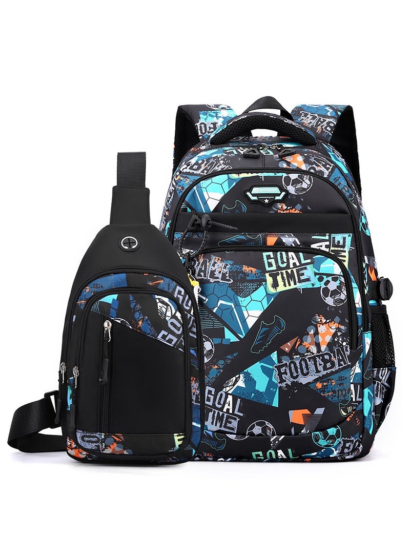 2-Piece Waterproof Nylon Premium Printed Large Capacity Backpack Black/Blue