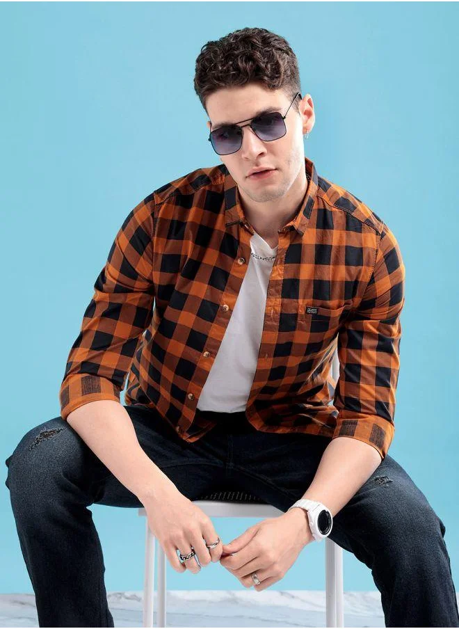 The Indian Garage Co Men Slim Fit Checkered Full Sleeves Spread Collar Casual Shirt
