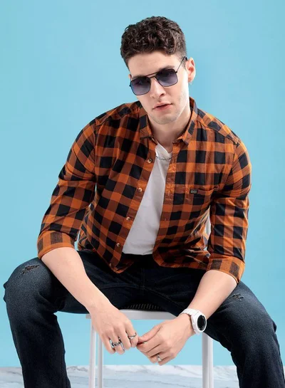 The Indian Garage Co Men Slim Fit Checkered Full Sleeves Spread Collar Casual Shirt