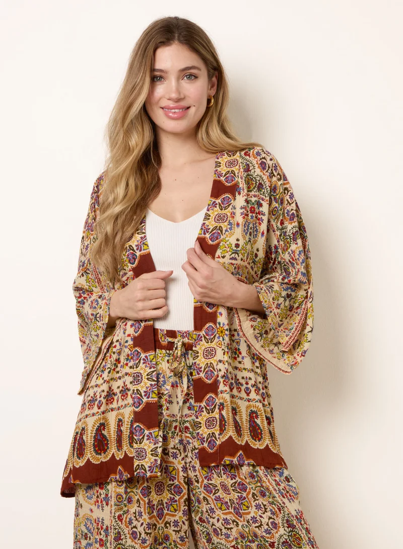 Blue Vanilla Paisley Print Kimono With Embellishment