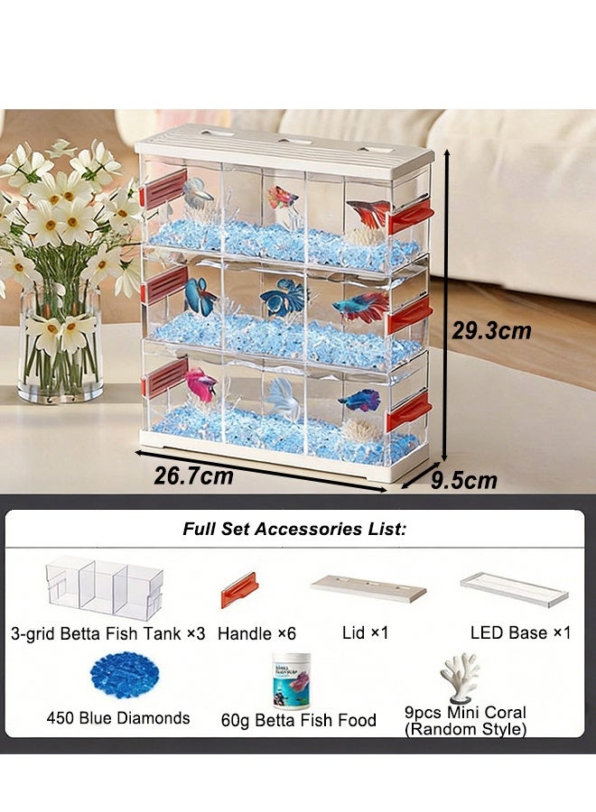 3-Tier Separated Betta Fish Tank, Ultra-Clear Transparent Acrylic Desktop Aquarium with LED Light Base and Built-in Top Feeding Hole, Space-Saving Desktop Fish Bowl for for Home Office Display (KT-SSDY3) - Image 1