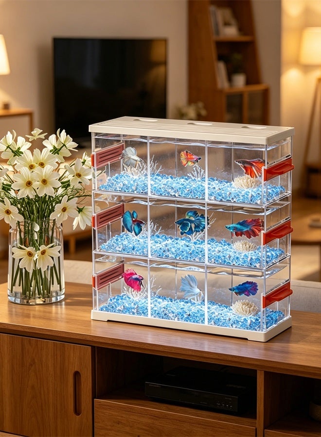 3-Tier Separated Betta Fish Tank, Ultra-Clear Transparent Acrylic Desktop Aquarium with LED Light Base and Built-in Top Feeding Hole, Space-Saving Desktop Fish Bowl for for Home Office Display (KT-SSDY3) - Image 2