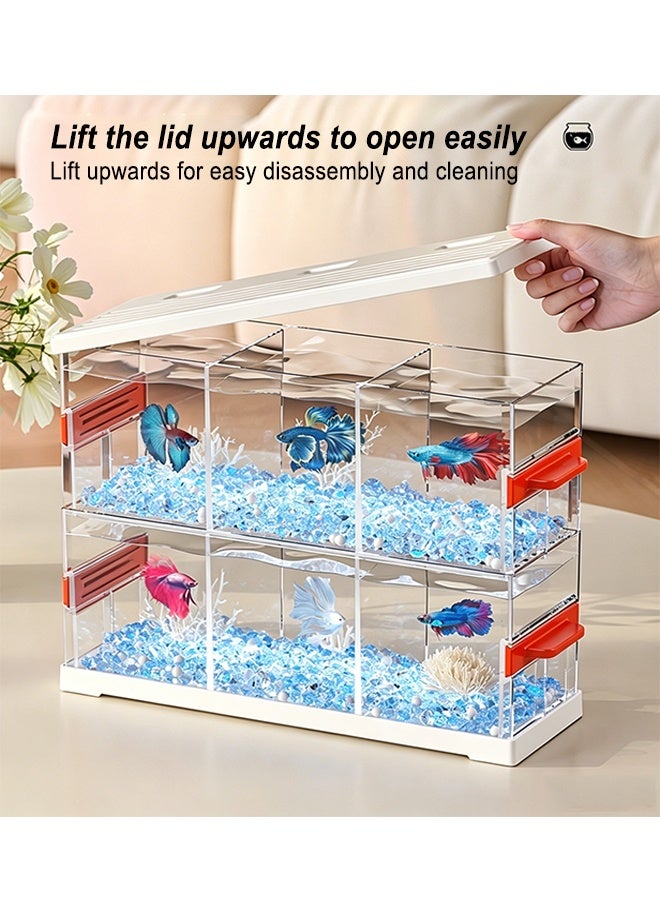 3-Tier Separated Betta Fish Tank, Ultra-Clear Transparent Acrylic Desktop Aquarium with LED Light Base and Built-in Top Feeding Hole, Space-Saving Desktop Fish Bowl for for Home Office Display (KT-SSDY3) - Image 3